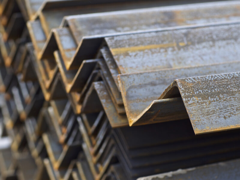 Metal profile angle in packs at the warehouse of metal products close up of steel angles